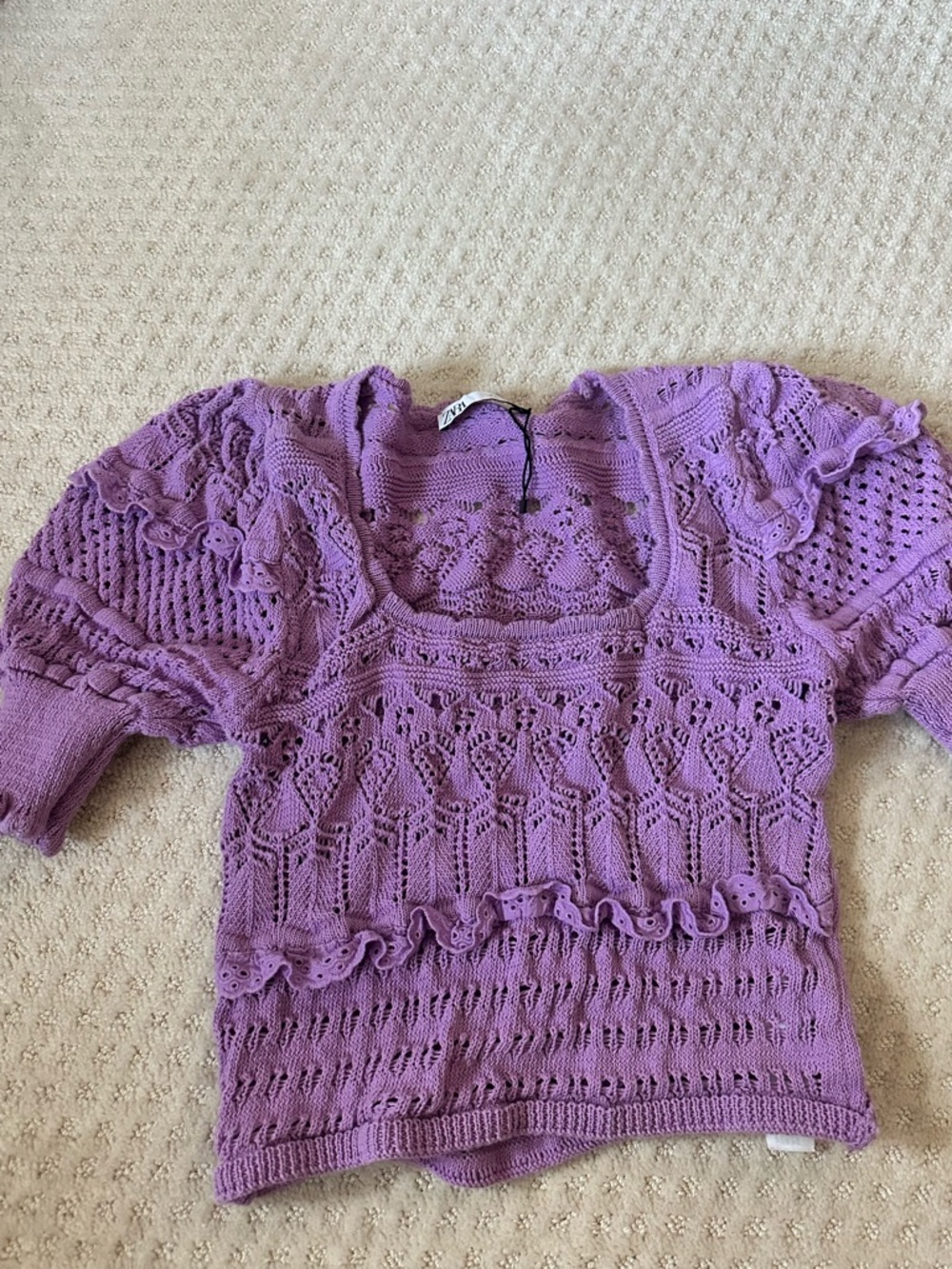 Lavender Crochet Knit Ruffle Sleeve Top